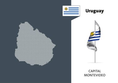 Flag of Uruguay on white background. Dotted map of Uruguay with Capital name - Montevideo.