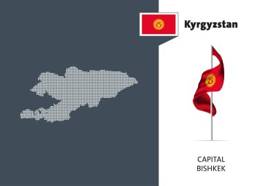 Kırgızistan bayrağı beyaz arka planda. Kırgızistan 'ın başkent isimli noktalı haritası - Bishkek.