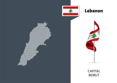 Beyaz arka planda Lübnan bayrağı. Lübnan 'ın başkent adı Beyrut olan noktalı haritası.