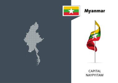 Beyaz arka planda Myanmar bayrağı. Başkenti Naypyidaw olan Myanmar 'ın noktalı haritası.