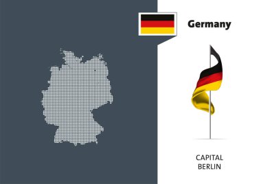 Beyaz arka planda Almanya bayrağı. Almanya 'nın başkenti Berlin' in noktalı haritası.