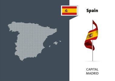 Beyaz arka planda İspanya bayrağı. İspanya 'nın başkenti Madrid' in noktalı haritası.