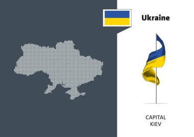 Beyaz arka planda Ukrayna bayrağı. Başkenti Kiev olan Ukrayna 'nın noktalı haritası.
