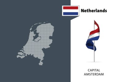 Flag of Netherlands on white background. Dotted map of Netherlands with Capital name - Amsterdam.