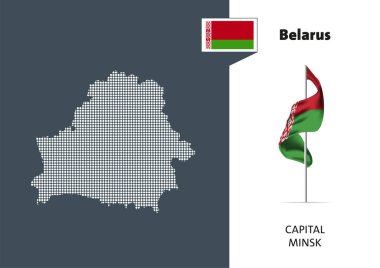 Beyaz arka planda Beyaz Rusya bayrağı. Belarus 'un büyük harfli benekli haritası - Minsk.
