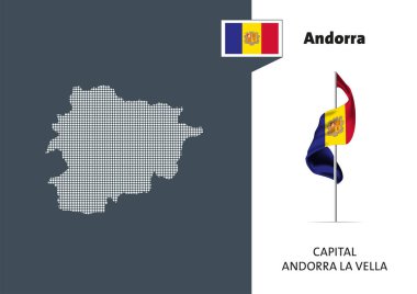 Beyaz arka planda Andorra bayrağı. Andorra 'nın büyük harfli noktalı haritası - Andorra la Vella.