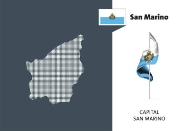 Beyaz arka planda San Marino bayrağı. San Marino 'nun başkent San Marino' lu noktalı haritası..