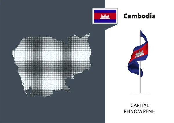 Flag Cambodia White Background Dotted Map Cambodia Capital Name Phnom — Stock Vector