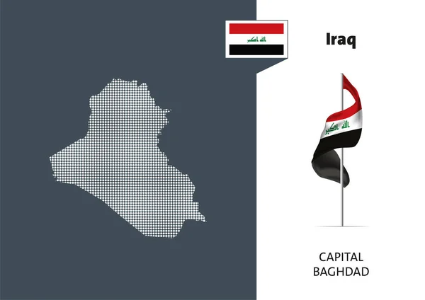 Irak Zászlója Fehér Háttérrel Irak Pöttyös Térképe Fővárosi Névvel Bagdad — Stock Vector