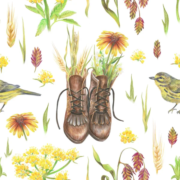 在白色背景上画老式鞋子和野花花束的图案 — 图库照片