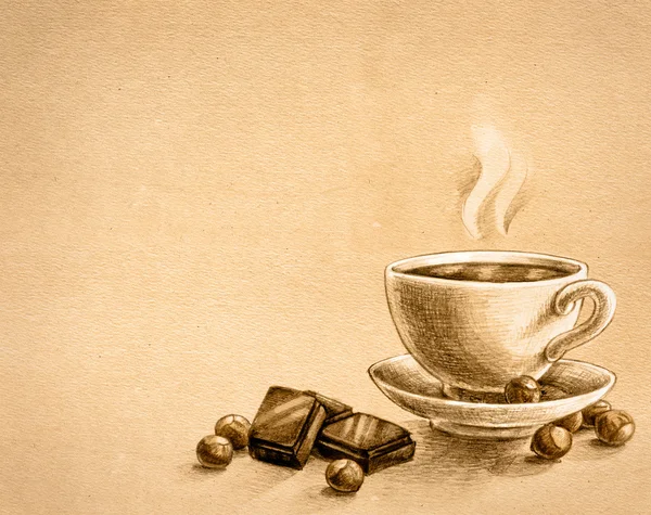 Chocolate, nuts and cup of tea - pencil drawing on old grunge paper — Stock Photo, Image