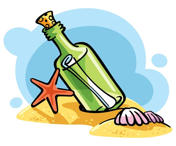 Flaska med ett meddelande på sanden — Stock vektor