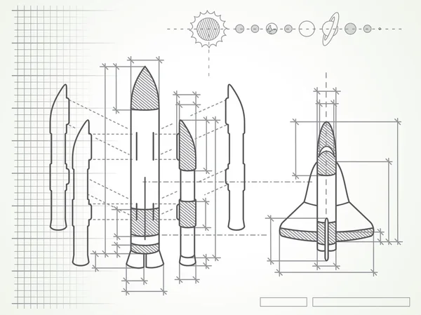 Blueprint con esquema de la nave espacial y planetas — Archivo Imágenes Vectoriales