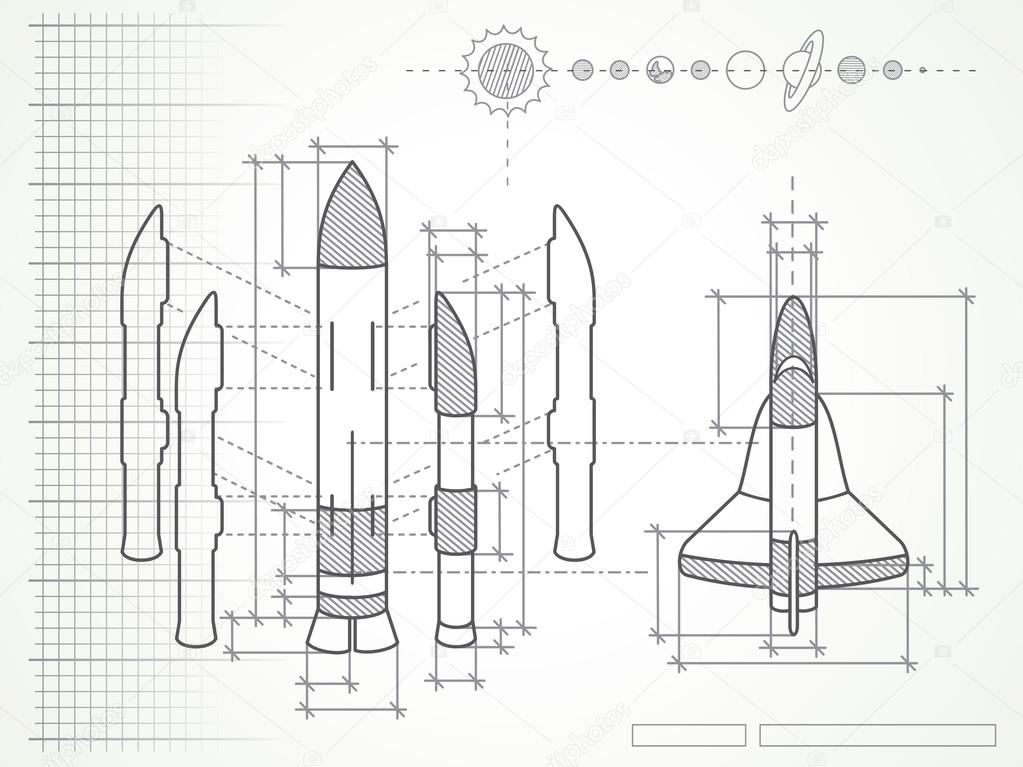 Blueprint with spaceship scheme and planets