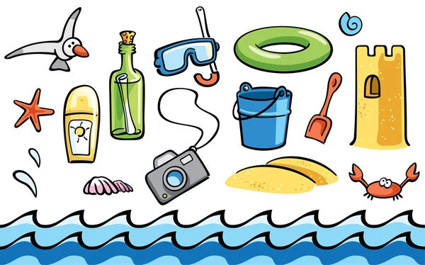 Dibujos animados verano playa artículos conjunto — Vector de stock