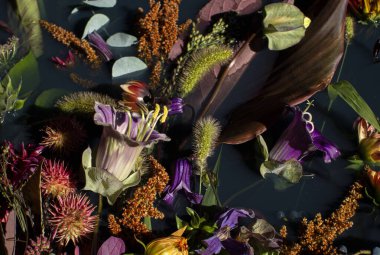 Su üzerinde güzel bir çiçek kompozisyonu. Farklı çiçek ve bitkilerden oluşan muhteşem bir buket. Düğün kompozisyonu. Yüksek kalite fotoğraf