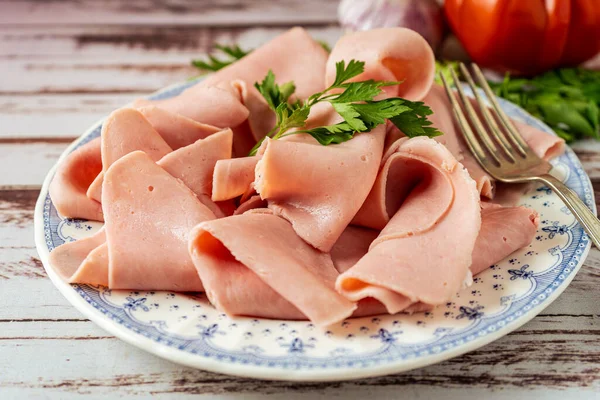 Rusztikus Elrendezése Egy Finom Sonka Vagy Prosciutto Cotto Egy Vintage — Stock Fotó