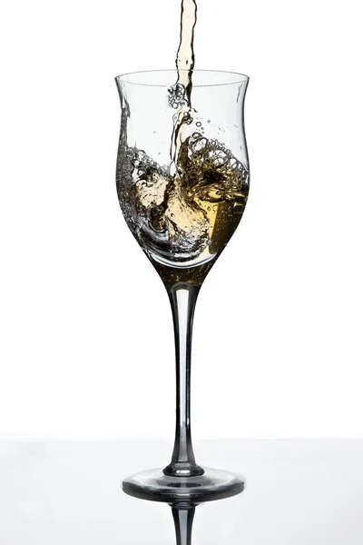 Serving Slightly Tilted Glass White Wine White Background Concept Movement — Stock Photo, Image