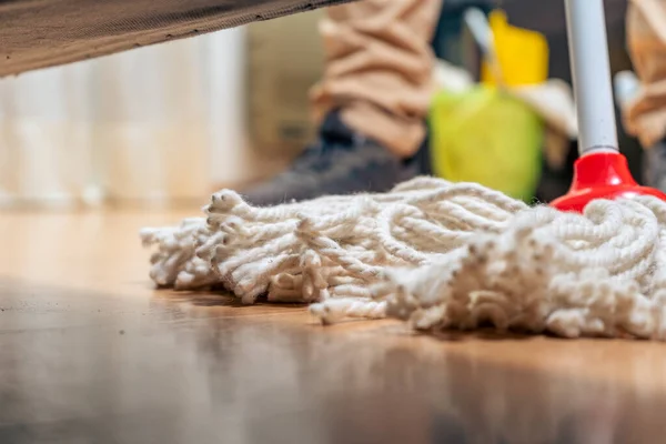 Normal View Armchair Rope Mop Being Wiped Floor House Cleaning — Stock Photo, Image