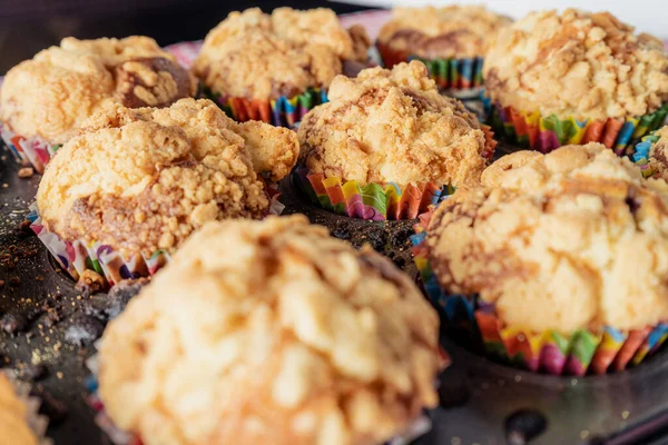 Plaque Cuisson Avec Délicieux Cupcakes Muffins Maison Fraîchement Cuits Vue — Photo