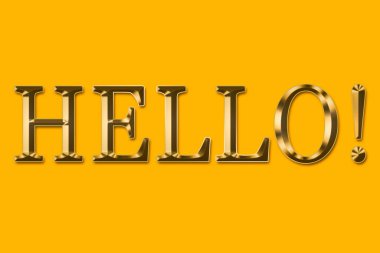 HELLO word in gold on an orange background. concept graphic resource