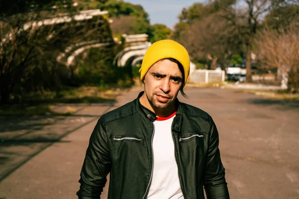 Portrait Handsome Hispanic Man Wearing Yellow Wool Hat Happy Outdoors — Fotografia de Stock