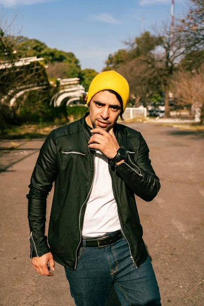 Portrait Handsome Hispanic Man Wearing Yellow Wool Hat Happy Outdoors — Fotografia de Stock