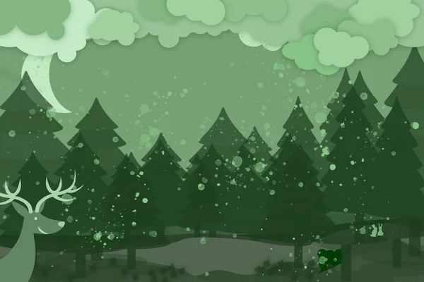 Drawing Snowing Night Forest Deer Other Animals Snow Clouds Forest — Stock Photo, Image