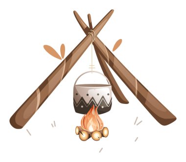 Kamp ateşinde pişirilen bir tencere yemeğin tasviri.