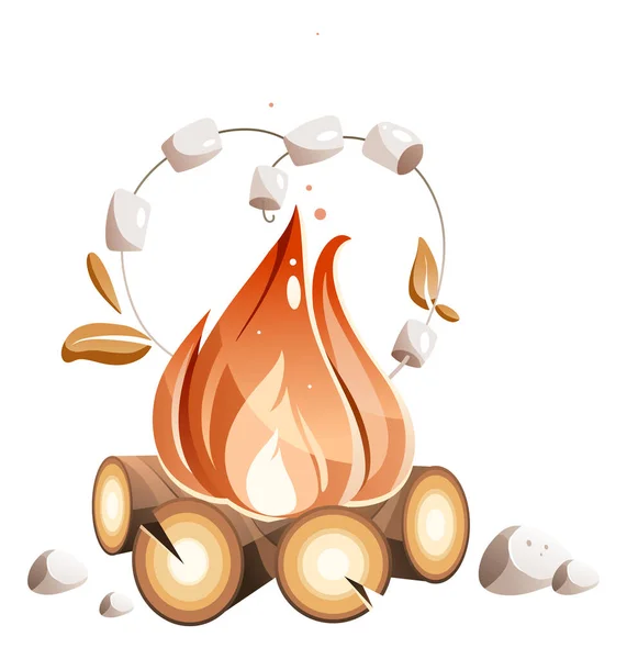 Illustration of a campfire with baked marshmallows on a twig. — Stock Vector