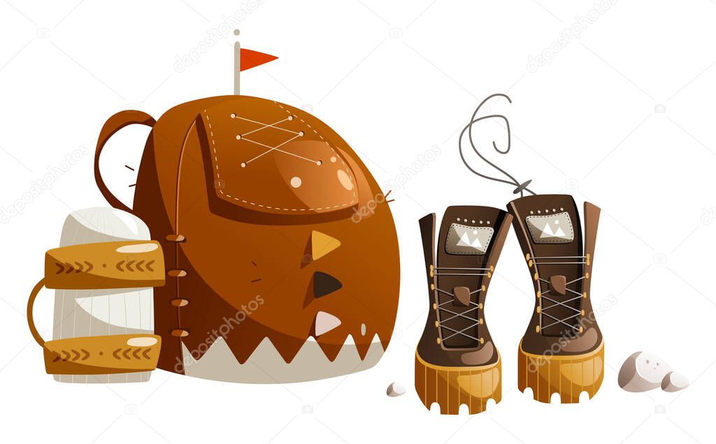 Illustration of a cartoon huge brown tourist backpack with a thermos and hiking boots.