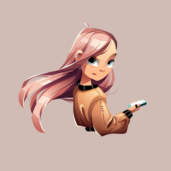 Ilustrasi seorang gadis cheeky dengan smartphone. - Stok Vektor