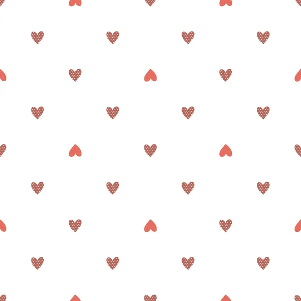Beyaz zemin üzerinde kırmızı kalpler olan kusursuz bir şablon. Sevgililer Günü geçmişi. Soyut geometrik doku, karoları tekrar et. Romantik temaya bayılırım. Dekor, tekstil ve hediye kağıdı için en düşük tasarım — Stok Vektör