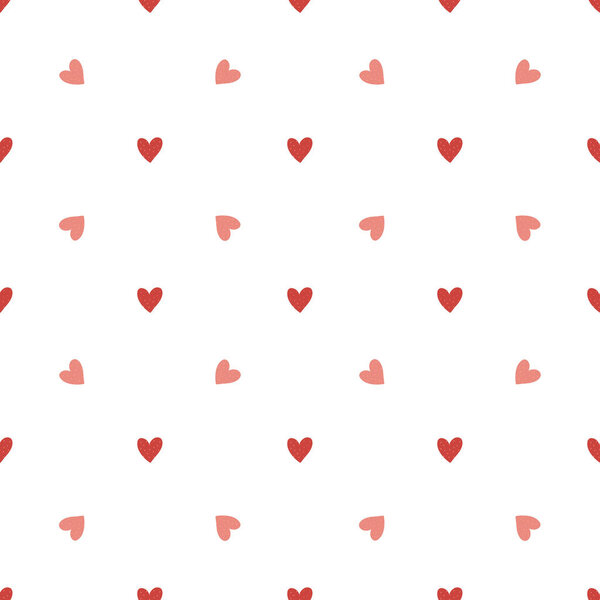 Vector seamless pattern with small red hearts on white backdrop. Valentines day background. Abstract geometric texture, repeat tiles. Love romantic theme. Minimal design for decor, textile, gift paper