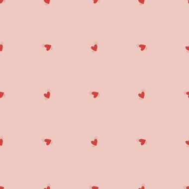Beyaz zemin üzerinde kırmızı kalpler olan kusursuz bir şablon. Sevgililer Günü geçmişi. Soyut geometrik doku, karoları tekrar et. Romantik temaya bayılırım. Dekor, tekstil ve hediye kağıdı için en düşük tasarım