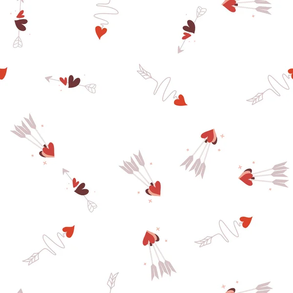 Simples corações padrão vetor sem costura. Dia dos Namorados fundo. Textura caótica infinita de design plano feita de pequenas silhuetas cardíacas. Tons de vermelho . —  Vetores de Stock