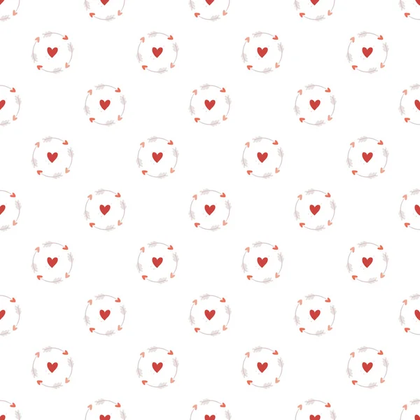 Eenvoudige harten naadloze vector patroon. Valentijnsdag achtergrond. Platte ontwerp eindeloze chaotische textuur gemaakt van kleine hart silhouetten. Roodtinten. — Stockvector