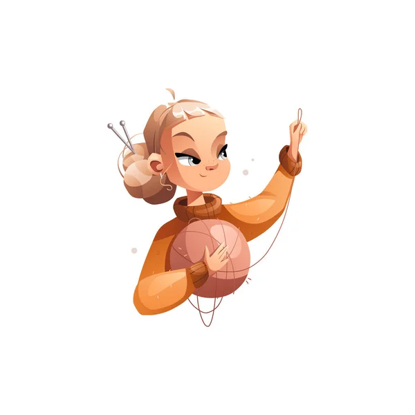 Šťastná kreativní kreslená dívka drží v rukou velkou vlněnou kouli. Koníčkové kurzy nebo mistrovské kurzy pro výuku pletení. Podrobná vektorová ilustrace. — Stockový vektor