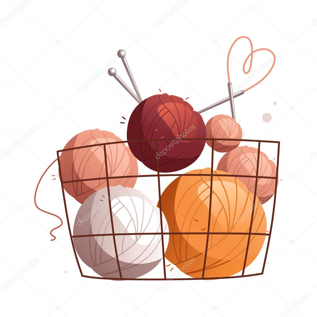 Basket with multicolored wool balls. Detailed vector illustration.