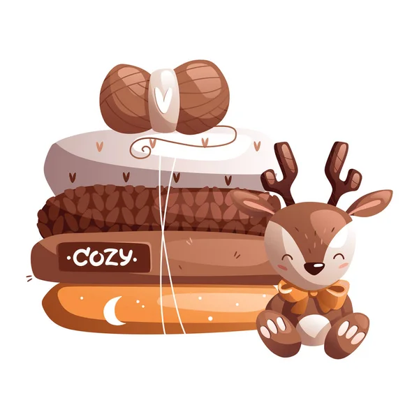 A cartoon cute toy fawn with a bow sits and smiles next to a stack of clothes and a knitting ball of wool. Detailed vector illustration. — Stock Vector