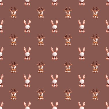 Çizgi film karakterlerinin kusursuz deseni. Oyuncak ören çocuklar. Geyik, fare, fare, tavşan..