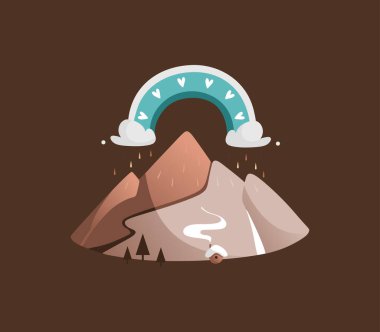 Dağlı ve turkuaz gökkuşaklı kahverengi vektör dağ manzarası.