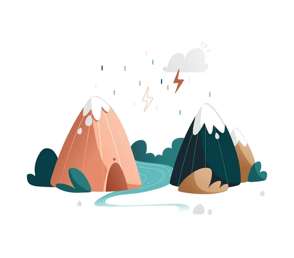 Vector mountain landscape with river, bushes, mountains, rain and thundercloud. — Stock Vector