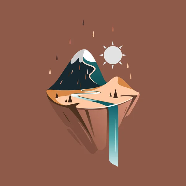 Vector mountain landscape with a mountain on a piece of land, a river, a waterfall and a desert area. — Stock Vector