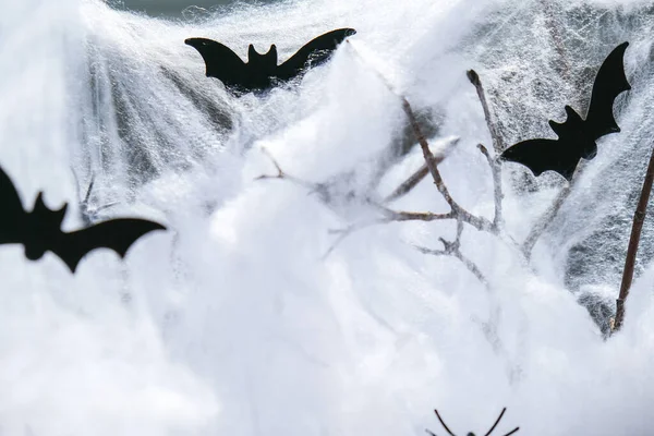 万圣节纸装饰白色蜘蛛灰色背景 黑蝙蝠和蜘蛛 复制空间 万圣节装饰 — 图库照片