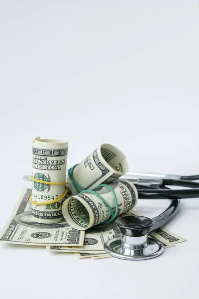 Stack Cash Dollars Stethoscope Concept Medical Expensive Medicine Doctors Salary — Stock Photo, Image