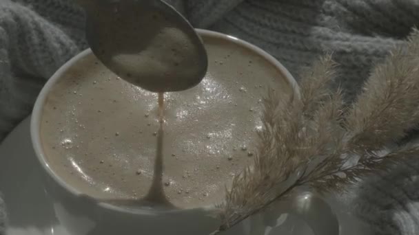 Person Hand-Rührbecher heiße Schokolade vorhanden. Frischer Morgenkaffee aus nächster Nähe. Latte Cappuccino In White Tasse vorhanden. Rührt Zucker in einer Tasse aromatischen Kaffees — Stockvideo