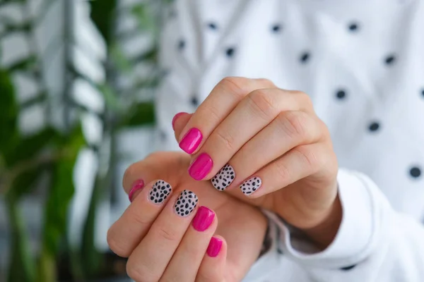 Manicured Female Hands Stylish Pink Nails Design Trendy Modern Design — Stock Photo, Image