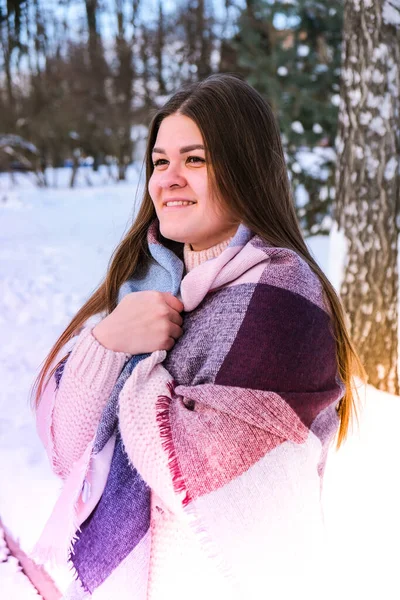 在冬季公园里穿着针织毛衣的年轻漂亮的女人.室外寒冷的天气。雪姑娘笑容可亲的画像 — 图库照片