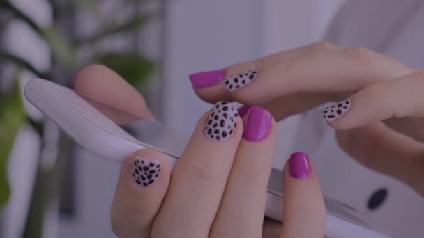 Manicured female hands with stylish pink nails holding mobile phone. Smartphone technology. Trendy modern design manicure. Gel nails. Skin care. Beauty treatment. Nail care. Trendy colors — Stock Video